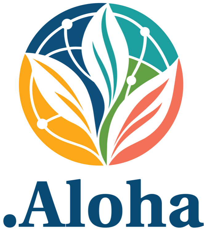 .Aloha logo: a globe held by four leaves in navy, teal, gold, green and coral